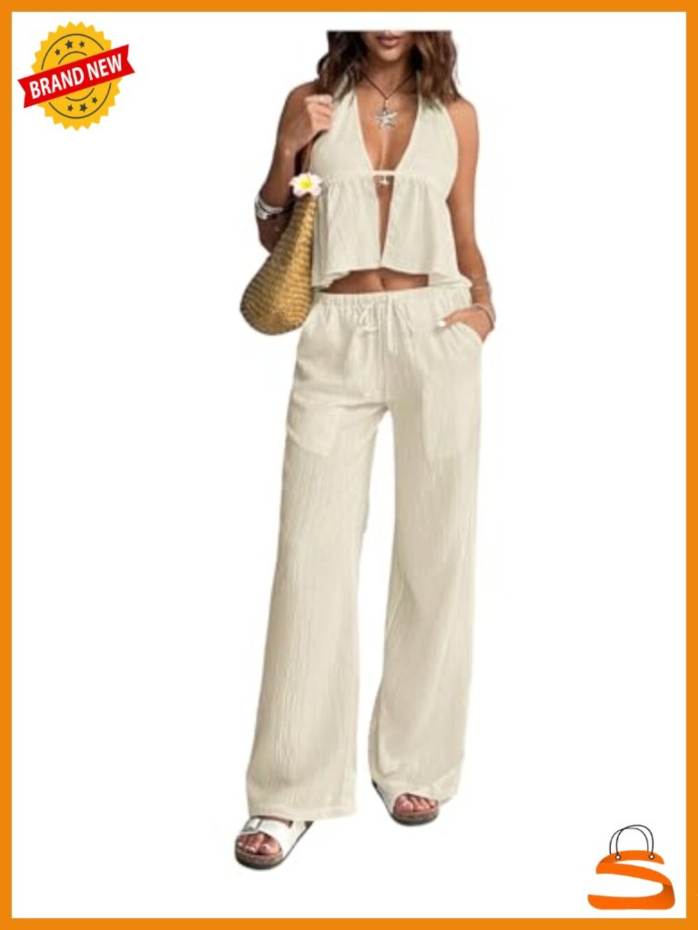 Women's 2 Piece Halter Top Wide Leg Pants Set Drawstring Pockets